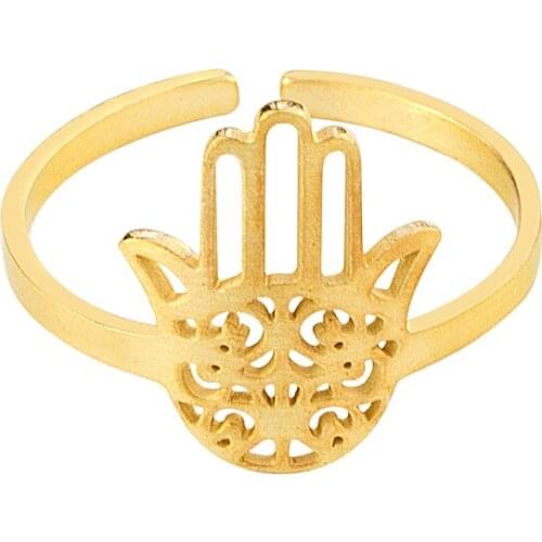 Hamsa Hand Jewish Rings Adjustable Gold Color Evil Eye Rings For Women Men Judaica Jewelry Stainless Steel Boho Anillos Mujer