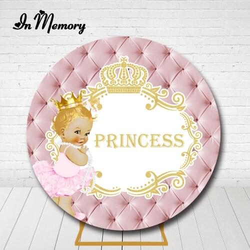 InMemory Pink Royal Princess Baby Round Backdrop Cover Gold Crown Headboard Girl Newborn 1st Baby Shower 1st Birthday Background
