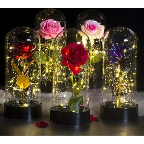 Hot Sale Beauty and The Beast Gold Foil Rose Flower LED Light Artificial Flowers In Glass Dome Party Decorations Gift For Girls