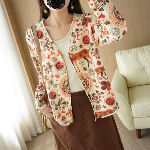 2021 Autumn Cotton Cardigan Sweater Printing Loose Large Size V-Neck Top Casual All-Match Bottoming Shirt Knitted Jacket Women
