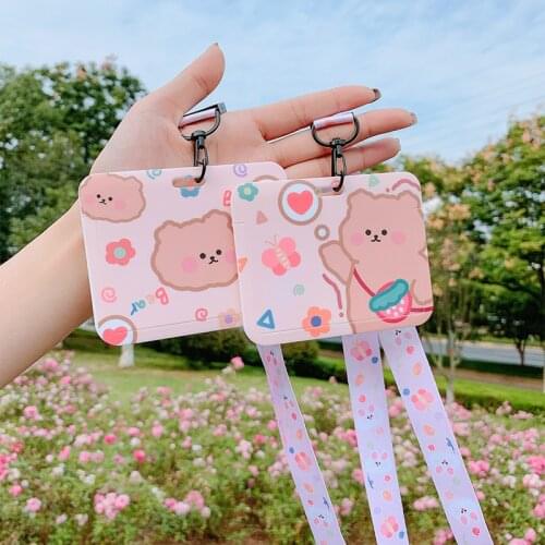 Kawaii Bear Card Holder Student Bus Card Set Protective Sleeve INS Girl Hanging Neck Cartoon Campus Card Meal Card Set