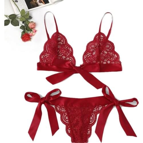 New 3 Colors Hot Red Harness Appliques Bow Sexy Lace Lingerie Transparent Bra And Panty Set Women Intimates Black Underwear Set