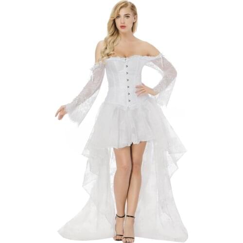 Steampunk Corset with Prom Skirt Gothic Off Shoulder Lace Sleeves Bustier Wedding Dance Party Dresses Korsage Sexy for Women