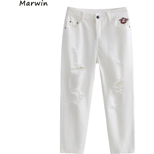Marwin 2021 New-Coming Spring Solid High Waist Thin Ankle-Length Hole Embroidery White Jeans High Street Style Women Pants