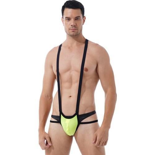 Men Stretchy Fishnet Patchwork Bulge Pouch Jockstrap G-string Wrestling Singlet Bodysuit Adjustable Strap Leotard Jumpsuit