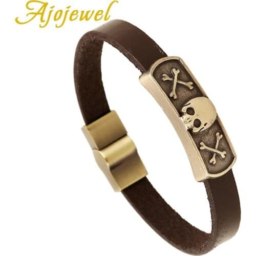 Ajojewel Cool Skull Head Genuine Leather Bracelet Statement Bangles For Men Punk Style Jewelry Retro