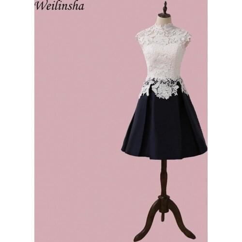 Weilinsha Cheap Short Cocktail Dresses Sleeves High Neck A-line Lace Party Gowns For wedding Vestido De Noche New Arrival