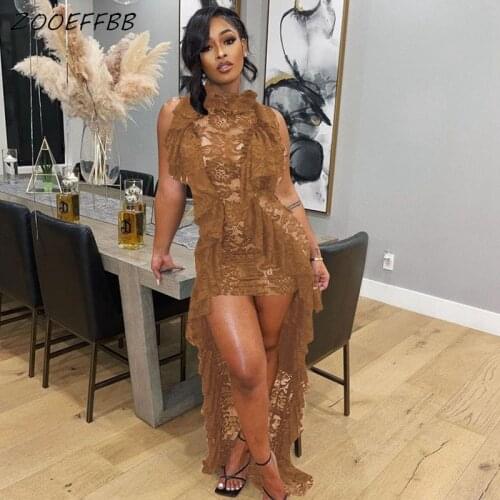 ZOOEFFBB Ruffle Collar Sexy Mesh Lace Sheer Irregular Maxi Dress Women Y2k Elegant Birthday Outfits Club Party Long Dresses