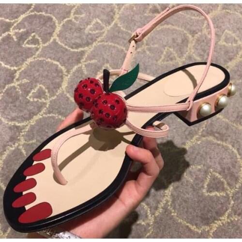 Moraima Snc Fashion Flip Flop Sandals Sexy Cherry Decorations Ankle Strap Gladiator Shoes Pearls Beaded Bohemia Style Shoe