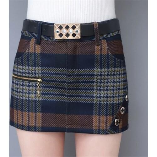 Woolen Shorts Skirt 2021 Autumn Winter Women Casual Zipper High Waist Plaid Shorts Skirts Female Skinny A-Line Shorts With Belt