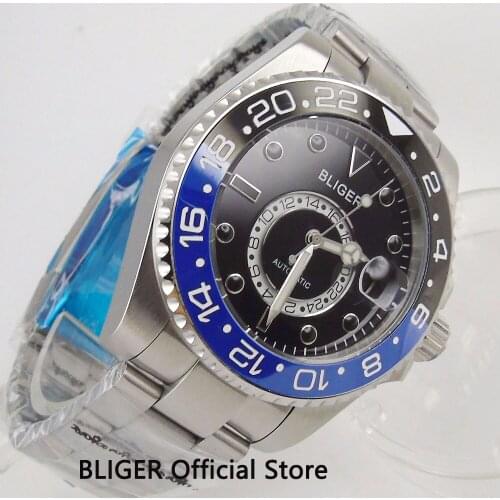 Special Design Luxury BLIGER 43MM Automatic Mens Watch Ceramic Bezel Date GMT Indicator Sapphire Automatic Movement
