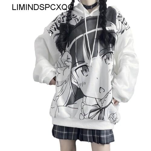 Japanese Anime Hoodie Autumn Clothes Women Sweatshirt Fashion Print Long Sleeve Tops Loose Warm Velvet Plus Size Women Pullover