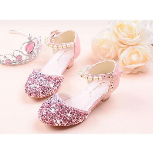 2020 Girls Bow-knot Princess Shoes with High-Heeled, Kids Glitter Dance Performance Summer Shoes, Purple , Pink & Silver 26-36