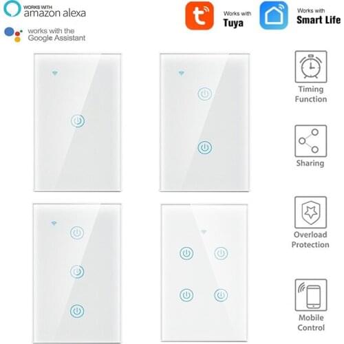 Tuya US 1/2/3/4 Gang Smart Wifi+Bluetooth Smart Switch Zero Fire Single Fire 2in1 Voice Control Switch Work With Alexa SmartLife