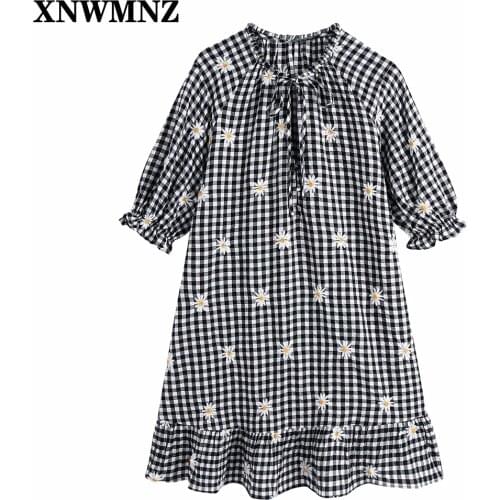 XNWMNZ 2021 dresses Women Vintage Flower Embroidery Plaid Straight Mini Dress Female Chic Bow Tied Hem Ruffles Kimono Vestido