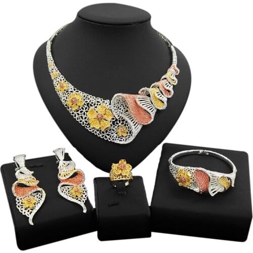 Yulaili Trendy Vintage Dubai Gold Crystal Women Charm Tricolor Necklace Earrings Bangle Ring Nigeria Wedding Jewelry Sets