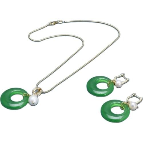 GG Jewelry Natural White Keshi Pearl Green Jades Circle Pendant Chain Necklace CZ Hook Earrings Sets Handmade For Lady Women