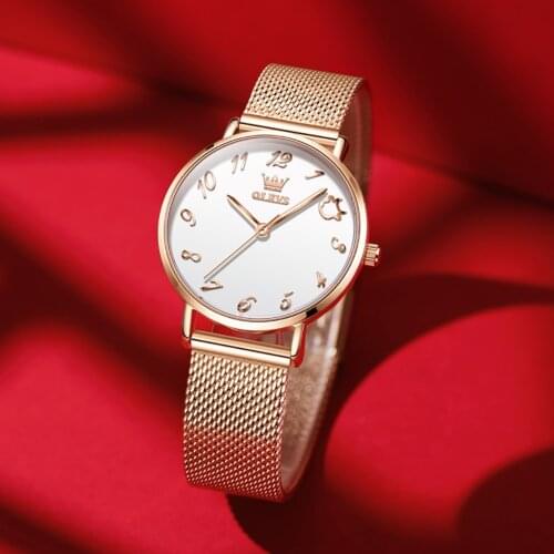 OLEVS Japan Quartz Movement High Quality 33.5mm number Women Stainless Steel Mesh Rose Gold Waterproof Ladies Watch