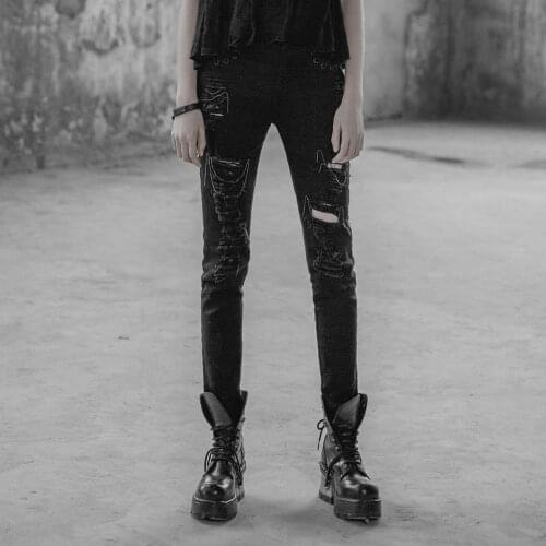 PUNKRAVE Womens Punk Personality Broken Hole Jeans Punk Rock Handsome Slim Fit Skinny Demin Pants
