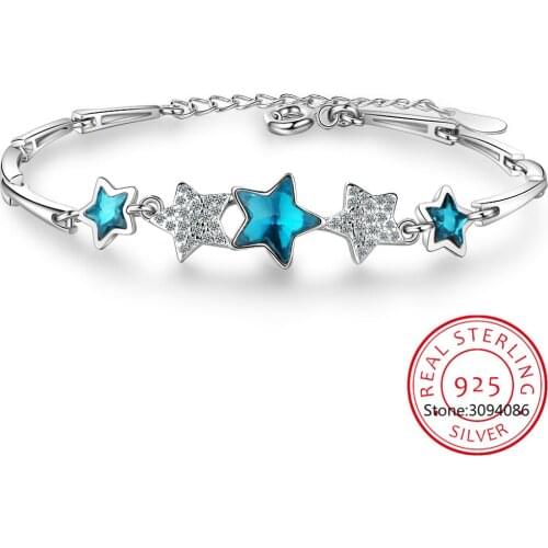 Hot 925 Sterling Silver Blue Pentagonal Star Eternal Bracelet for Women Handmade Female Stackable Zircon Crystal Jewelry Bijoux