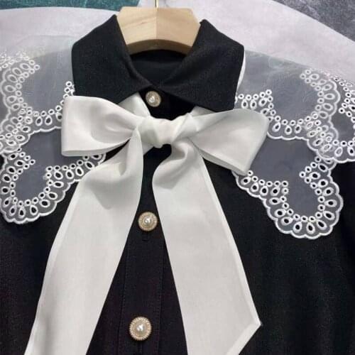 Black Women Runway Fashion 2021 Pre-Spring Double collar Lace With Pearls Belt Silk Ribbon Office Elegant Dress