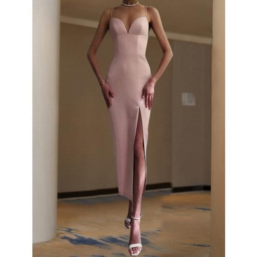 Adyce New Summer Women Apricot Bodycon Bandage Dress Sexy V Neck Spaghetti Strap Club Celebrity Runway Party Maxi Dress Vestido