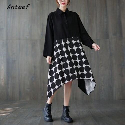 Anteef long sleeve plus size cotton vintage dresses for women casual loose midi spring autumn dress elegant clothing 2021
