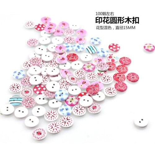 100 pcs Knitting yarn Color printing Sweater buttons clothing 15mm Wooden buttons Circular Double hole white doll Small button