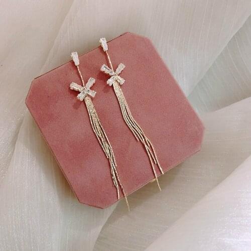 2019 New Arrival Trendy Bowknot Women Dangle Earrings Crystal Butterfly Tassel Earrings Long Korean Earrings Female Jewelry