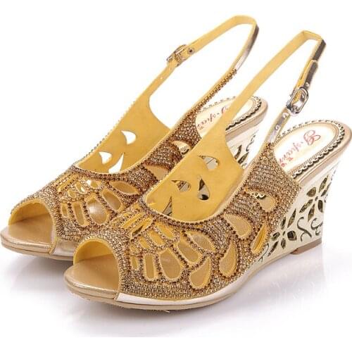 2019 Summer Noble Gold Vintage Rhinestone High Heel Fish Mouth Wedge Sandals Wild Fashion Shoes Wedding Shoes 8CM