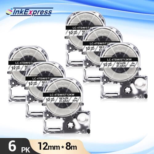 InkExpress ST12KW Tape for Epson ST12KW LK-4TBN 12mm x 8m Black on Clear Label Tape for Epson King Jim LW-300 LW-400 Label Maker