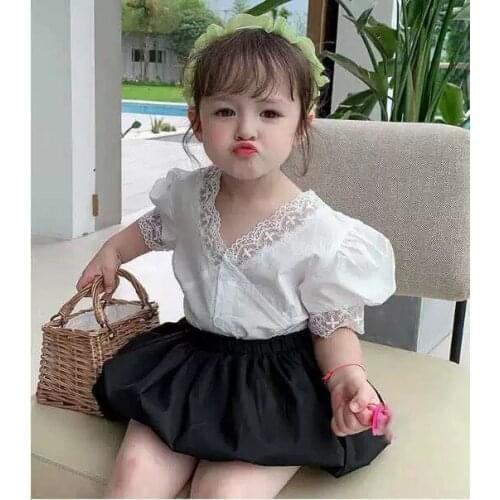Summer Girls Clothes Sets V-Neck Lace Short-Sleeved Baby Shirt+Lantern Pumpkin Shorts 2pcs Toddler Baby Kids Childrens Clothing