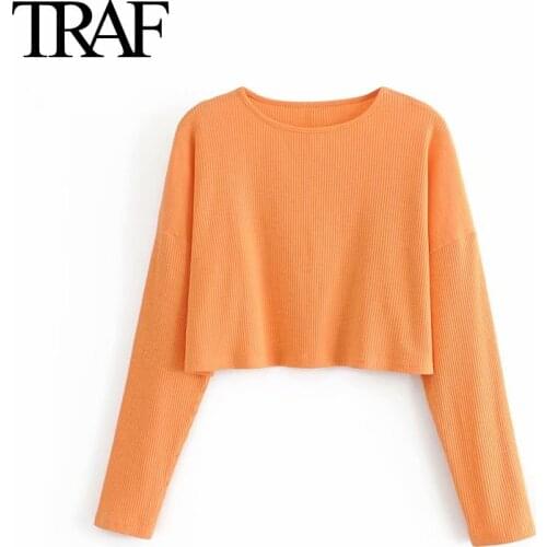 Traf Za Women Street Fashion Knitted Loose Crop Tops Orange Long Sleeve Office Lady Pullover Mujer