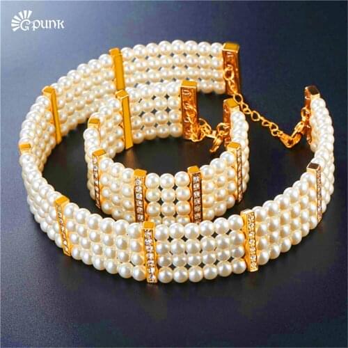 Fasion pearl choker necklace bracelet set for women jewelry new design white crystal rhinestone accessories S2551G