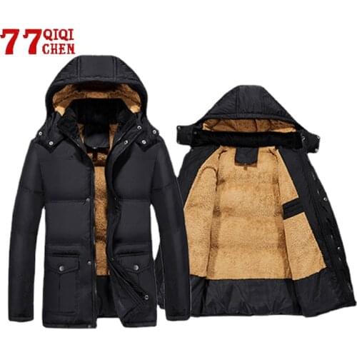 Mens Winter Jacket Warm Thicken Men Parka Coat Cotton-Padded Hooded Male Fleece Overcoat Winbreaker Detachable-Hat Outerwear