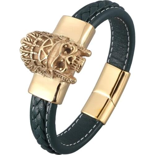 Punk Men Jewelry Green Braided Leather Bracelets Men Stainless Steel Gold Color Tribe Skull Bracelets Men Bracelet BB0932