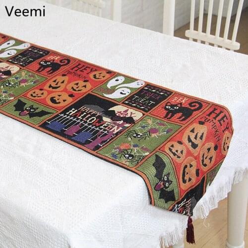 Halloween Cartoon Bat Pumpkin Table Runner Halloween Decoration for Home Gift Table Flag Dining Table Shoe Cabinet with Tassels