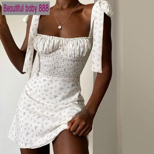 Meqeiss 2020 New Boho Floral Print Summer Mini Dresses Summer Holiday Bohemia Sundress Lacing Straps Sexy Backless Ruched Dress