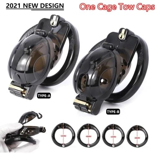 2021 New Transparent Flip Design Male Chastity Device with 2 Cock Cage Cap and 4 Penis Ring Plastic Chastity Belt Adult Sex Toy