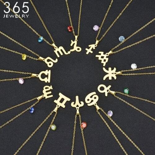 Charm Jewelry Stainless Steel Constellation Pendants Necklace 12 Colors Zircon Stone Necklace Birthday Gift