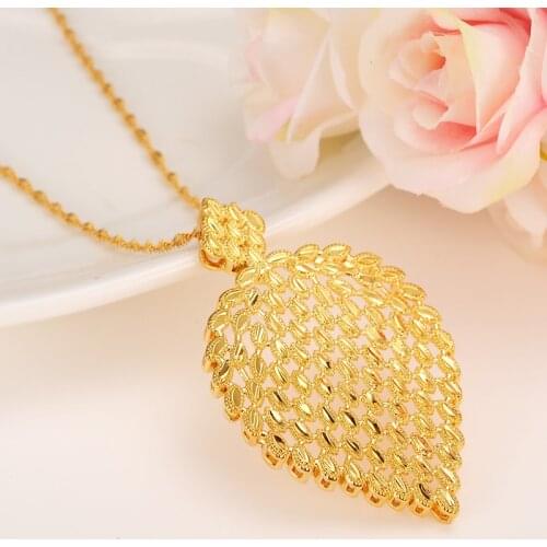 Dubai Necklace for Women,Ethiopian Plume Heavy Pendant Necklace 2 4k Yellow Solid Gold FINISH Jewelry Africa/Arab Flower Gifts