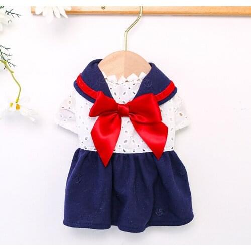 Sailor Dog Dresses with Red Bow Spring and Summer Cute Pet Clothes Girl Princess Dress Puppy Clothing for Small and Medium Dogs