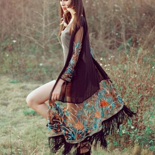 Beach holiday national female jacket embroidery tassel sun protection clothing chiffon cardigan swimwear shawl