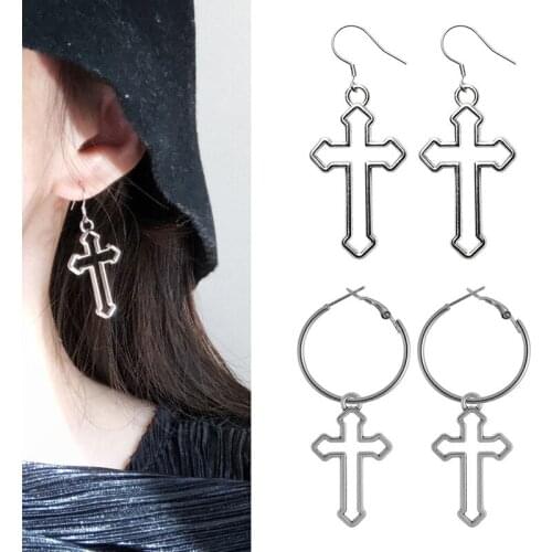 Simple Metal Hollow Cross Drop Earrings For Women Street Pop Classic Retro Silver Color Punk Jewelry Ear Circle Earrings