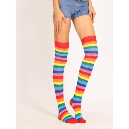 Rainbow Colour Women Socks Spring and Autumn Pinkycolor Medium Solid Stripe Seven Color For Fashion Girl Stockings Over The Knee