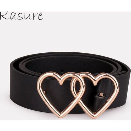 KASURE Double Sweet Heart Gold Metal Buckle Belt Adjustable Ladies Luxury Cute Jeans Belts With Hole Thin Black Heart Waistbelt