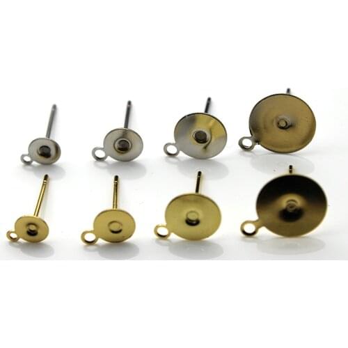 50pcs 316L Stainless Steel Blank Post Earring Studs Pins for DIY Jewelry Findings Components Flat Round Studs Earring with Loop