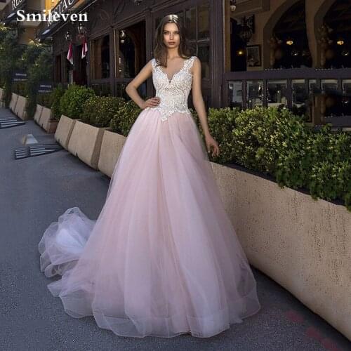 Smileven Pink Wedding Dress 2021 A Line Appliqued Lace Bridal Dresses Illusion Baack Long Country Wedding Gowns