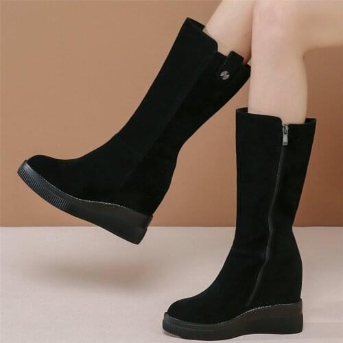 Platform Pumps Shoes Women Genuine Leather Wedges High Heel Ankle Boots Female High Top Round Toe Fashion Sneakers Casual Shoes