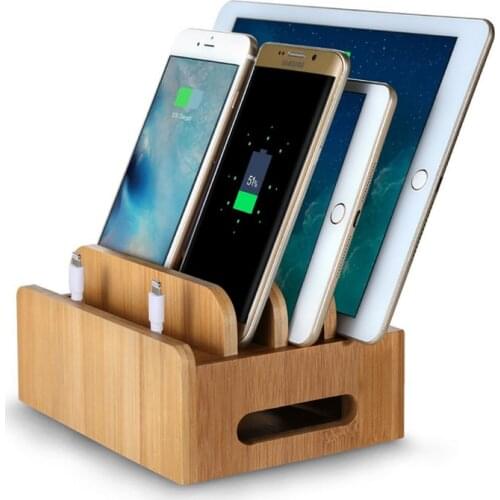 USB opening charging stand desk storage box For mobile phone For tablet small Bamboo wood storage base H